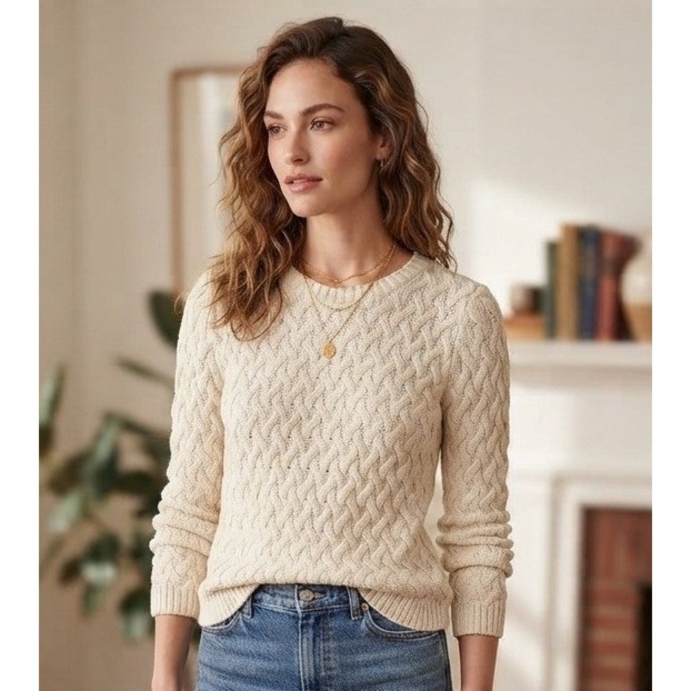 Jeanne Pierre Cable Knit Sweater Women XL Cream Cotton Crew Neck Travel Pullover